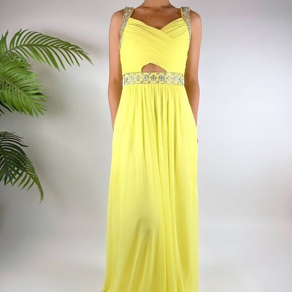 Vintage Y2K Pastel Yellow Fairycore Embellished Chiffon Maxi Prom Dress / Sz: 3 - Picture 3 of 9